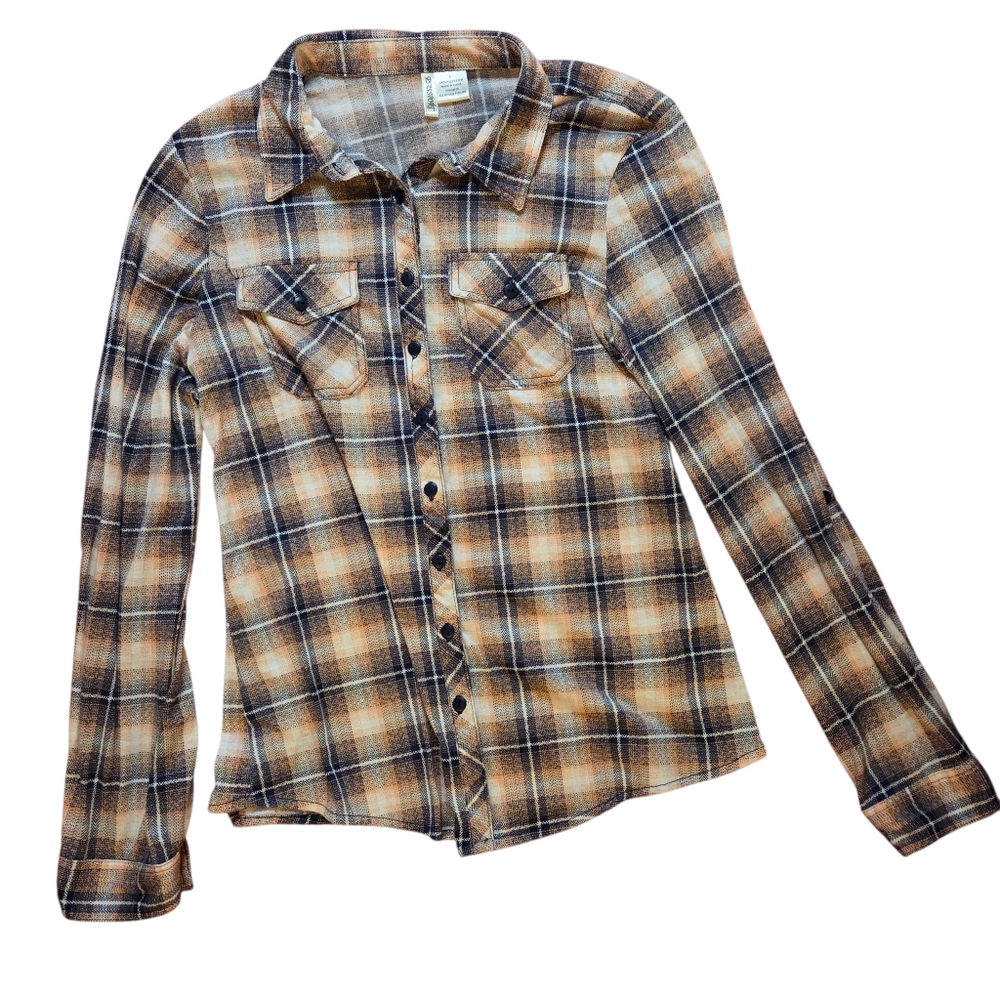 Passport Peach & Navy Plaid Button Down Shirt Large 17in P2P